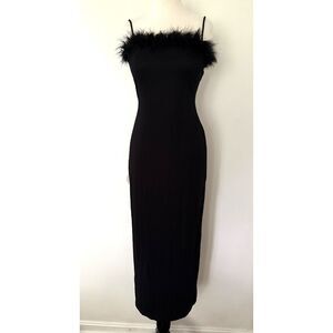 Per Seption VTG Y2K Black Feather Trim Bodycon Side Slit Maxi Gown Dress Sz L